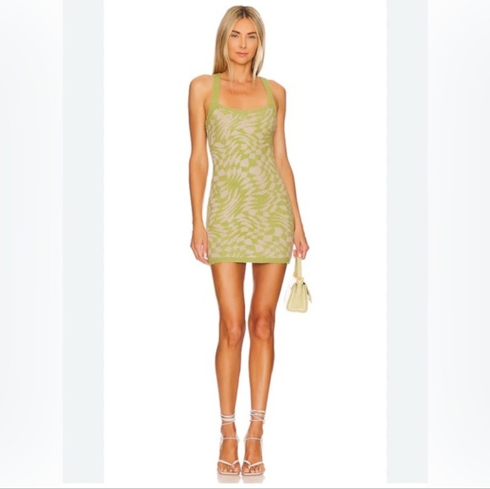 For Love & Lemons Simone Knit Mini Dress Green Checkered Size L NWT